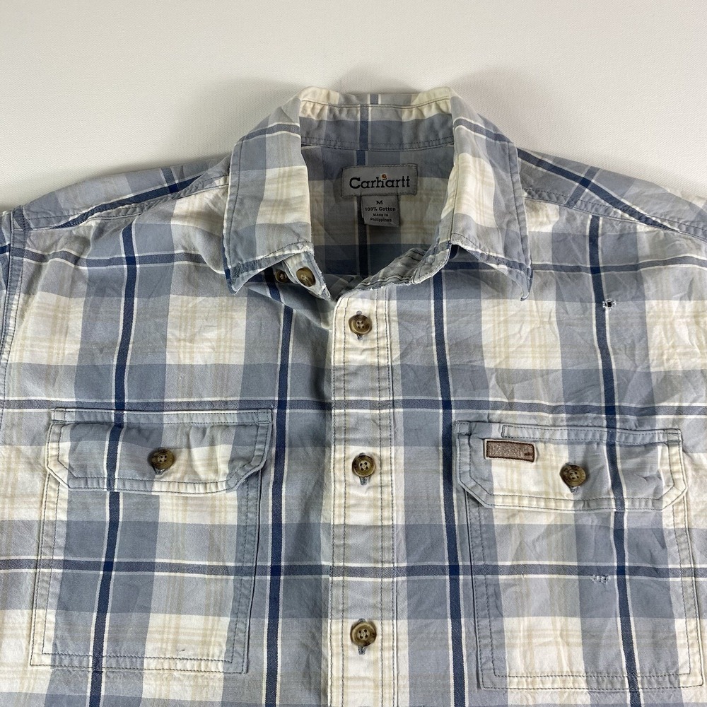 Carhartt Button Down Shirt Adult Medium Blue Plaid Cotton S134 Short Sleeve Mens